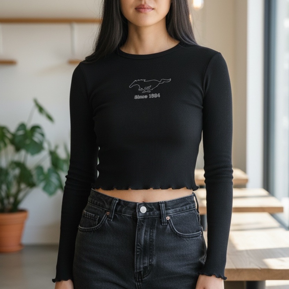 Black Fitted Long Sleeve Top Size M Graphic Cotton Basic
